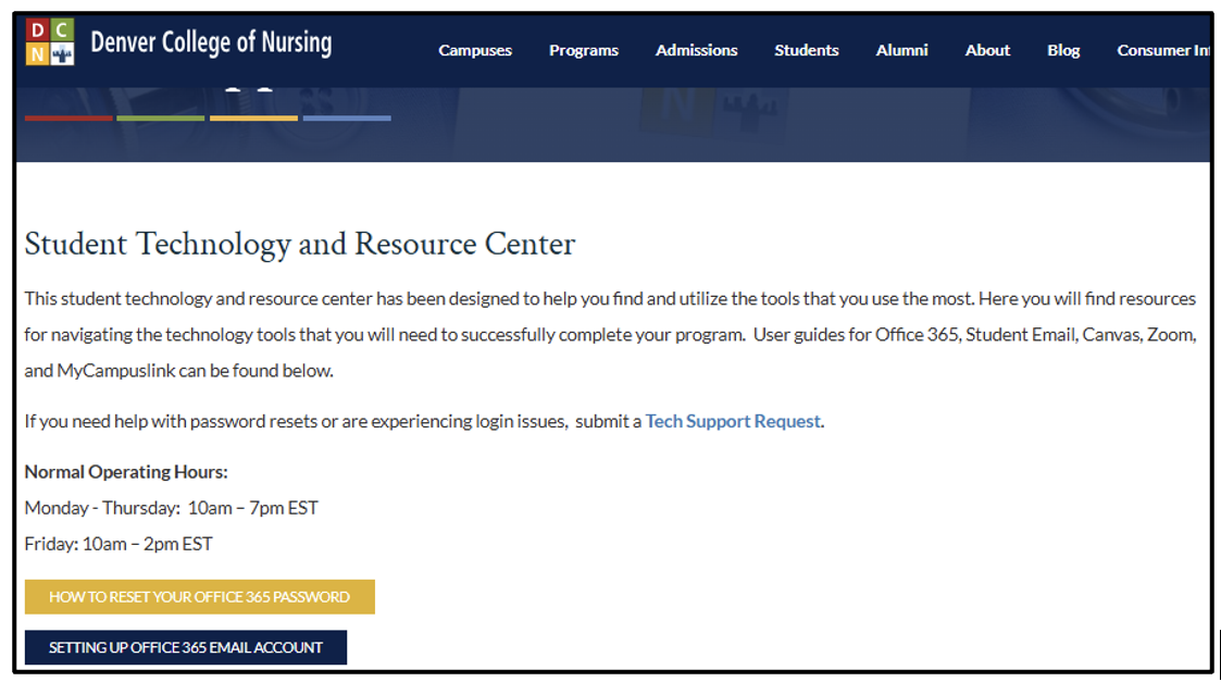Denver College of Nursing Student Technology and Resource Center webpage.